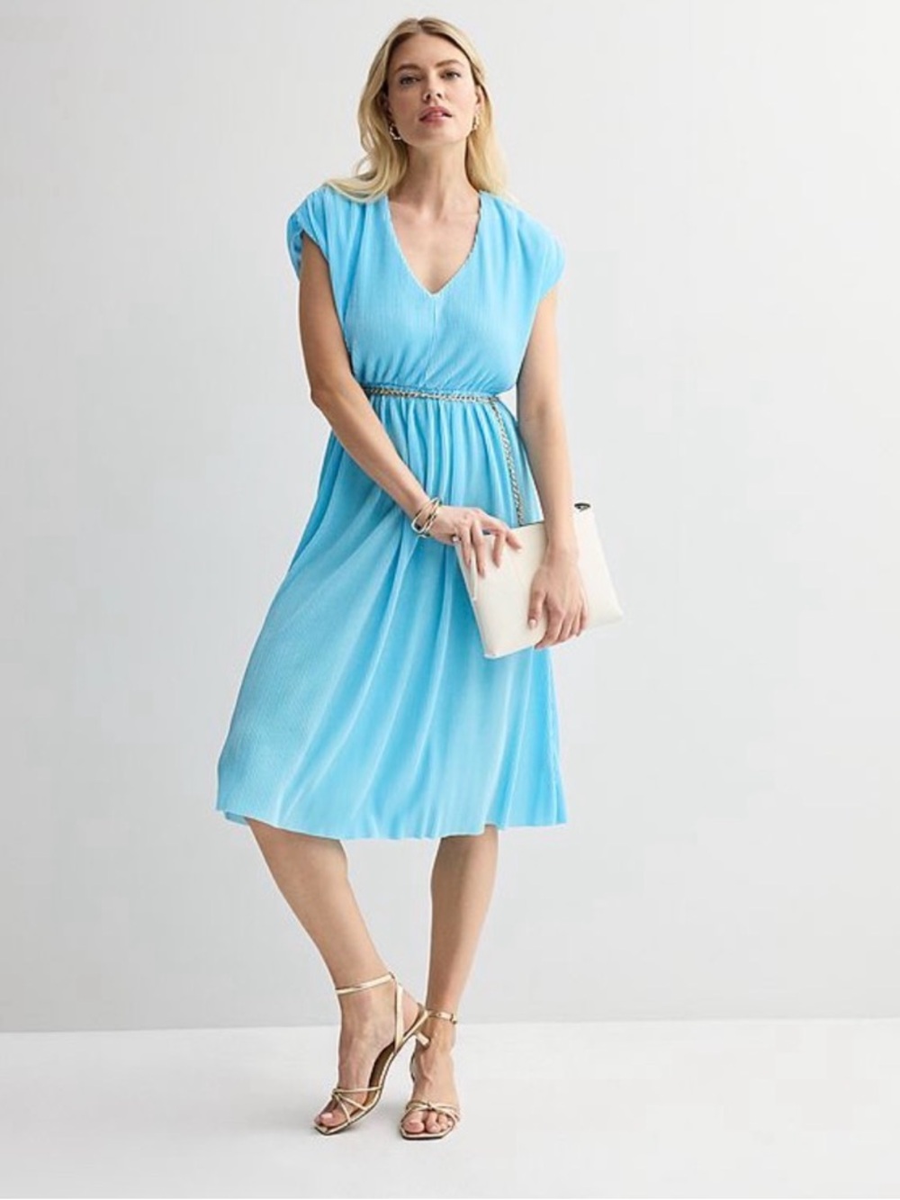 INTEMPO Plisse Midi Dress Accordion Pleated V Neck Blue Size Small